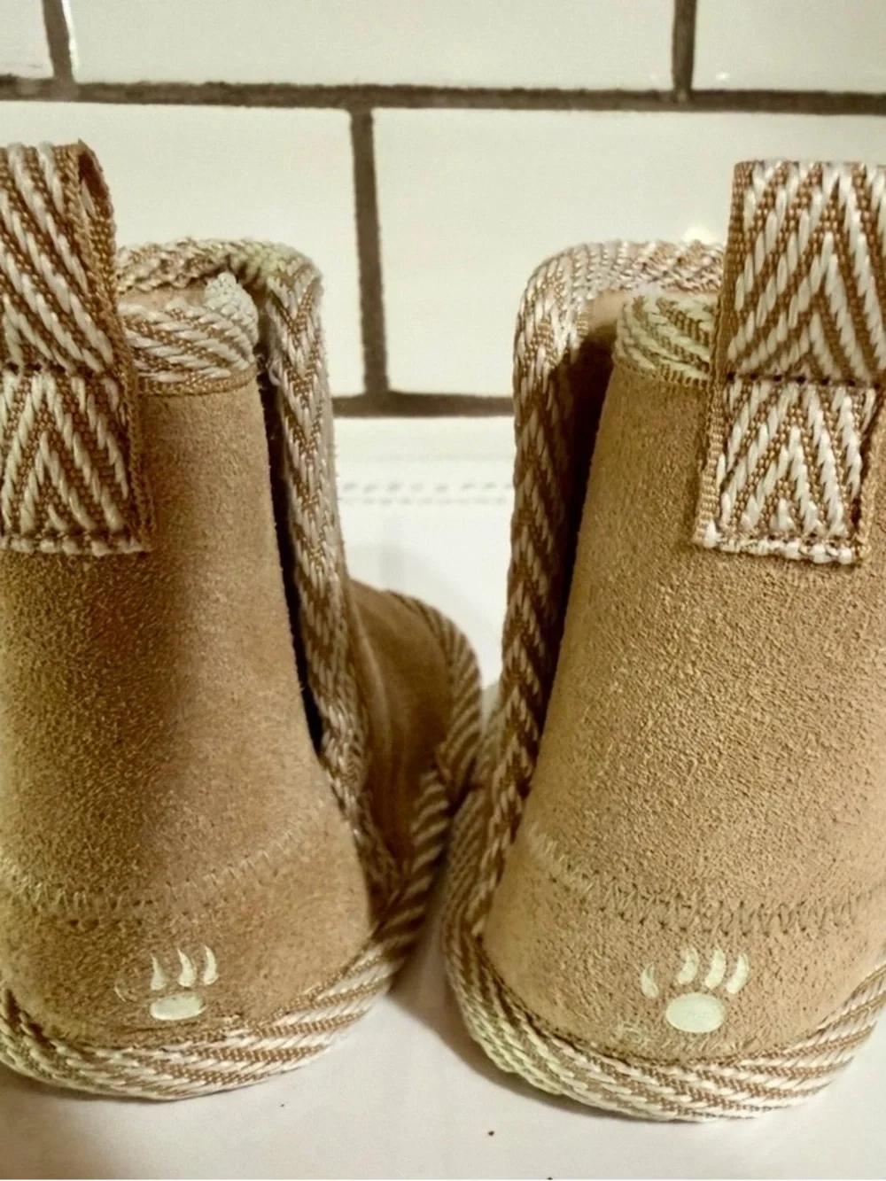 BearPaw Kids Genuine Suede Nesti Boots in Tan with Chevron Trim. 0-6 mo.